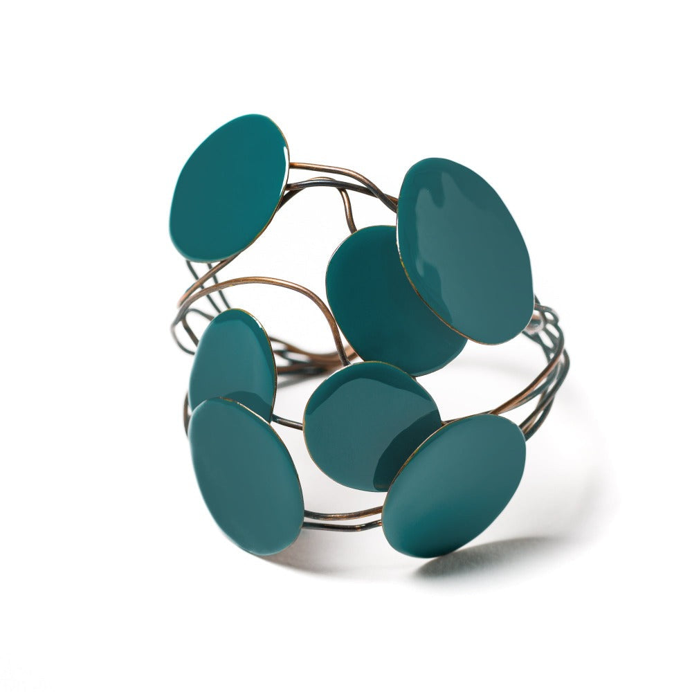 "BRACCIALE_TAORMINA_NIDO_7_PIASTRE_RAME_SMALTATO_PETROLIO"