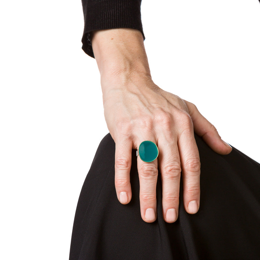 "ANELLO_CIOTOLA_MEDIO_ARGENTO-OTTONE_SMALTATO_PETROLIO_INDOSSATO"