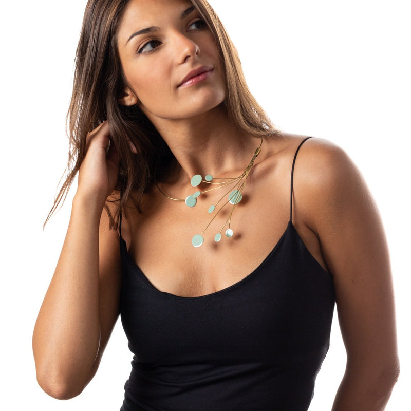 TAORMINA_COLLANA_TONDI_PIENI_MINI_OTTONE_SMALTATO_VERDE_SALVIA_NUOVO_IND